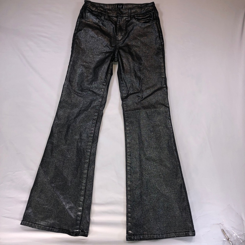 Gap Kids Girls 12 Metallic Silver Black 70s Flare High Rise Pants Retro Sparkle